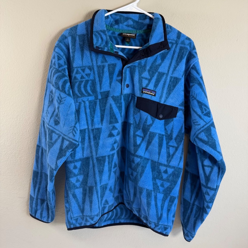 Patagonia Synchilla‎ Pullover Mens M Blue Geometric Tribal Print Fleece 2017